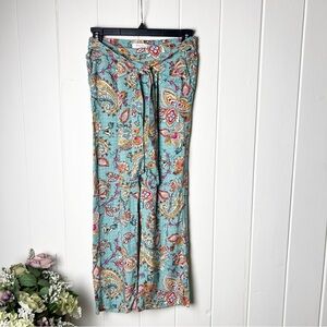 Haver & Blair London Teal paisley floral pleated lightweight pants sash tie